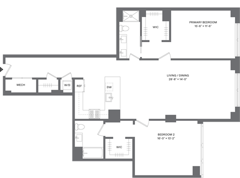 Floor plan for 2 beds, 2 baths, 1415 sqft